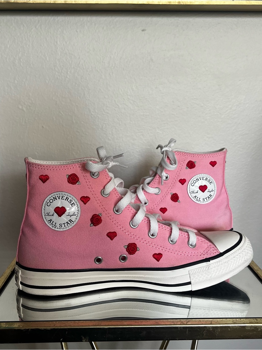 Converse Pink High-Top Sneakers with Red Heart & Rose Embroidery